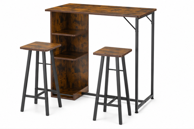 Petit ensemble table de bar et 2 chaises avec étagères de rangement 3 niveaux