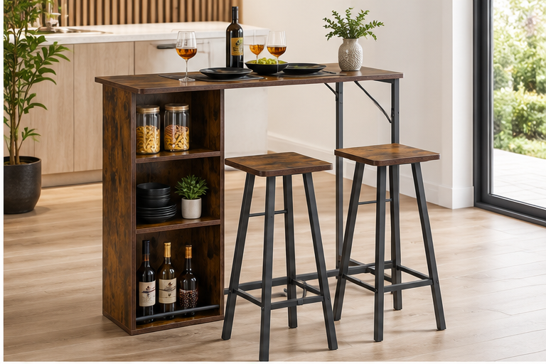 Petit ensemble table de bar et 2 chaises avec étagères de rangement 3 niveaux