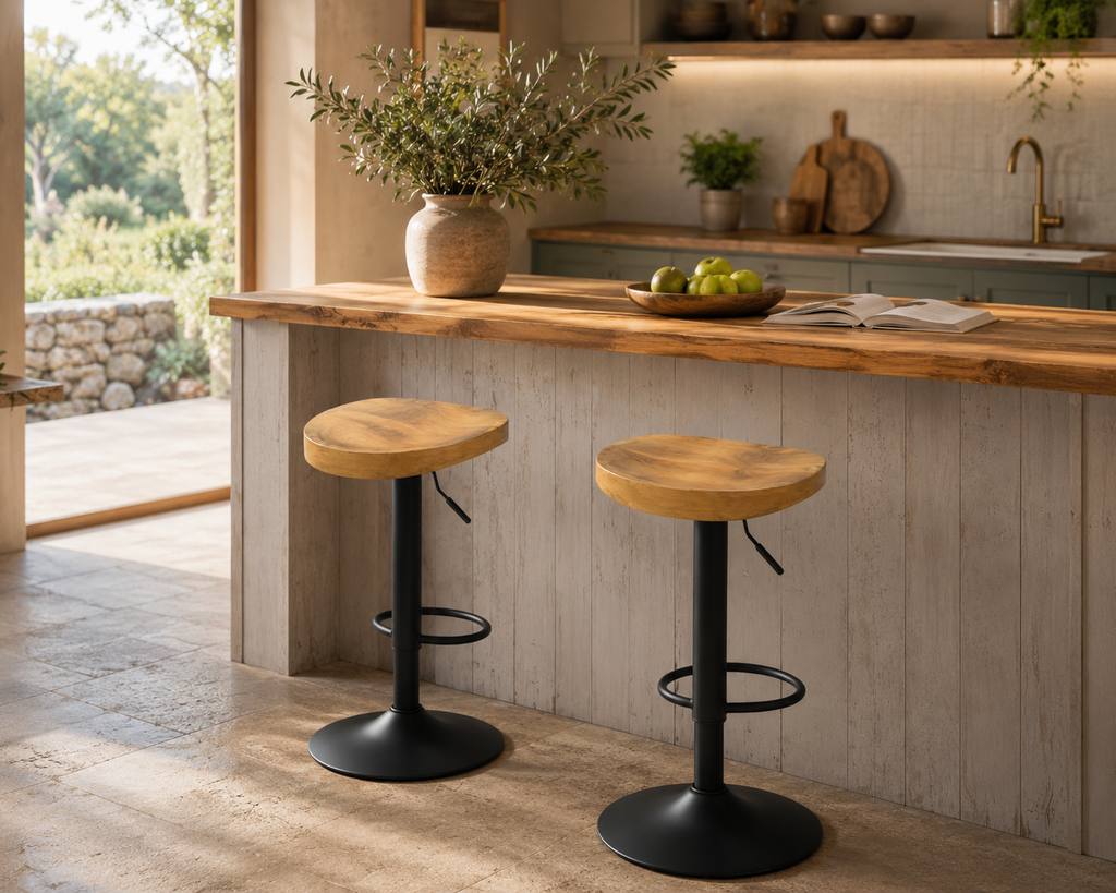Lot de 2 tabourets de bar pivotants, assise selle en bois, réglables