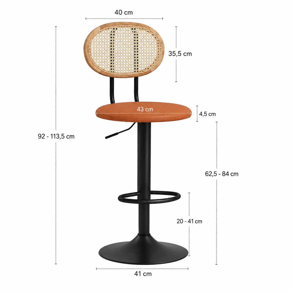 Lot de 2 tabourets de bar dossier rotin, hauteur réglable et repose-pieds.