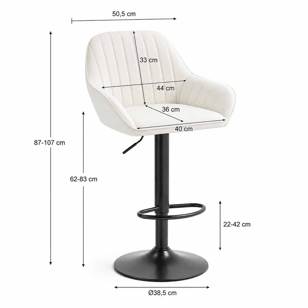 Lot de 2 tabourets de bar pivotants en velours, dossier et accoudoirs