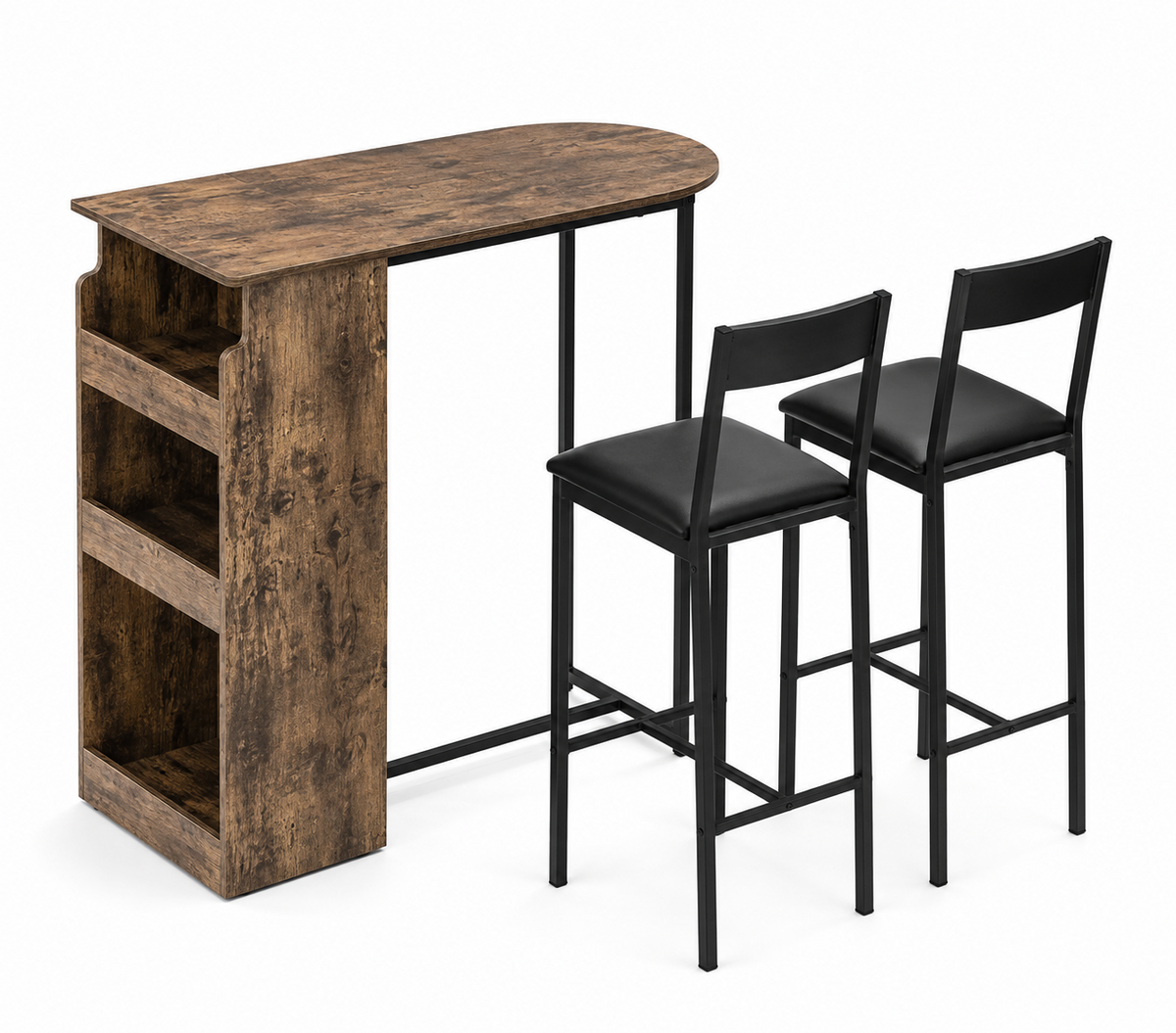 Ensemble table de bar et 2 chaises avec étagère de rangement 3 niveaux, bois