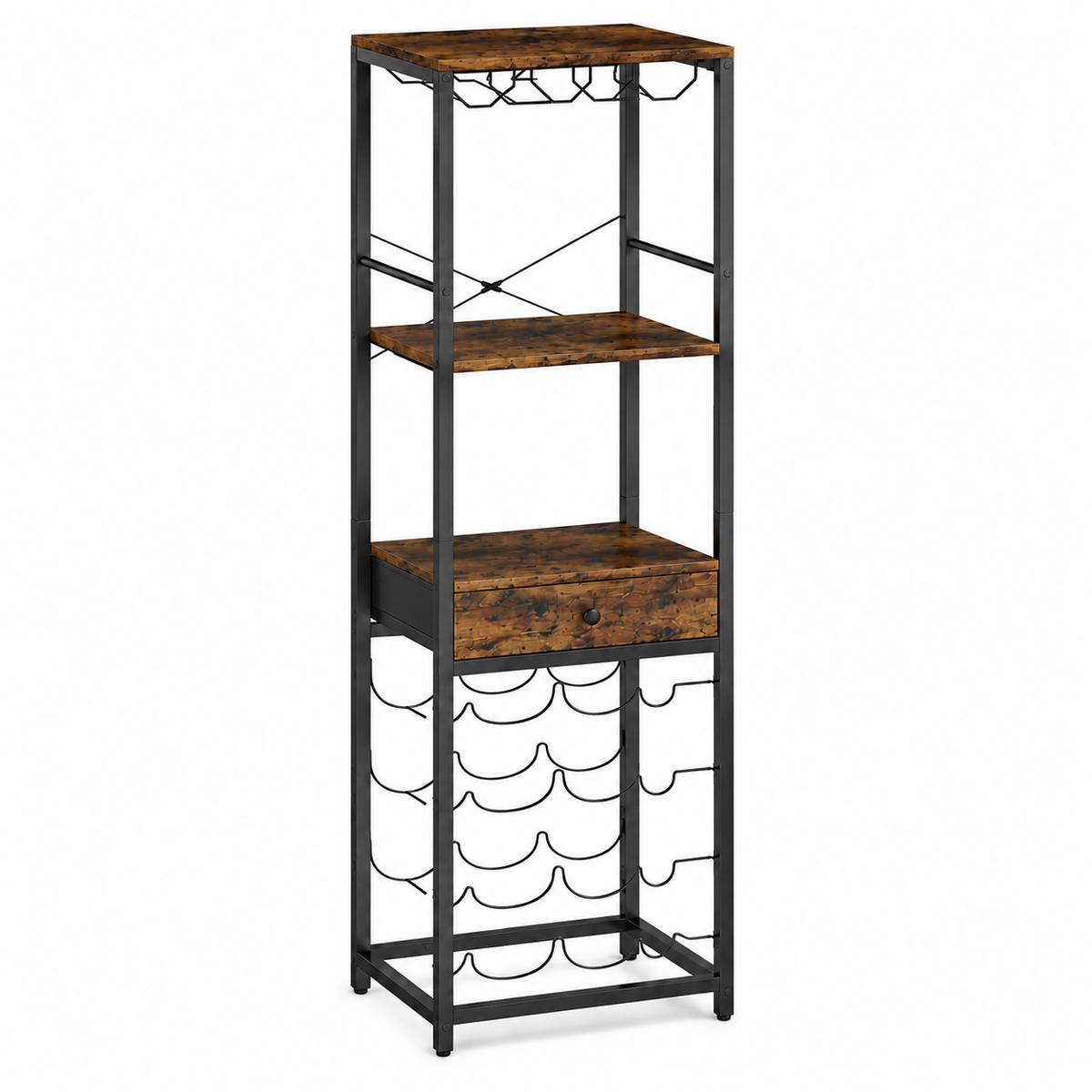 Meuble porte-bouteilles 12 bouteilles avec étagère ouverte et tiroir.