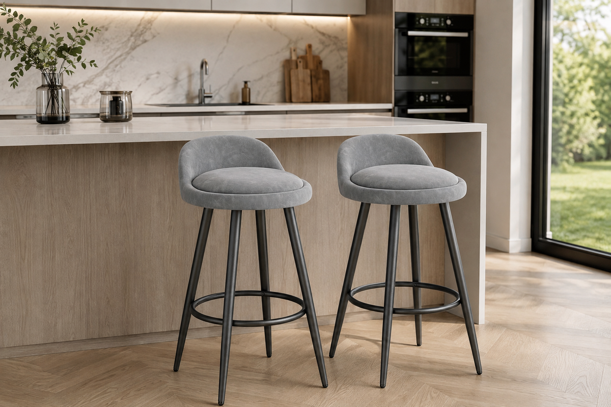 Lot de 2 tabourets de bar avec repose-pieds, assise rembourrée velours ou cuir