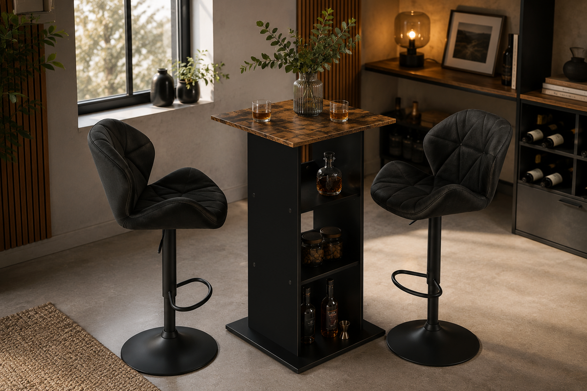 Table de bar carrée 60x60 cm avec 3 étagères de rangement, bois, brun rustique