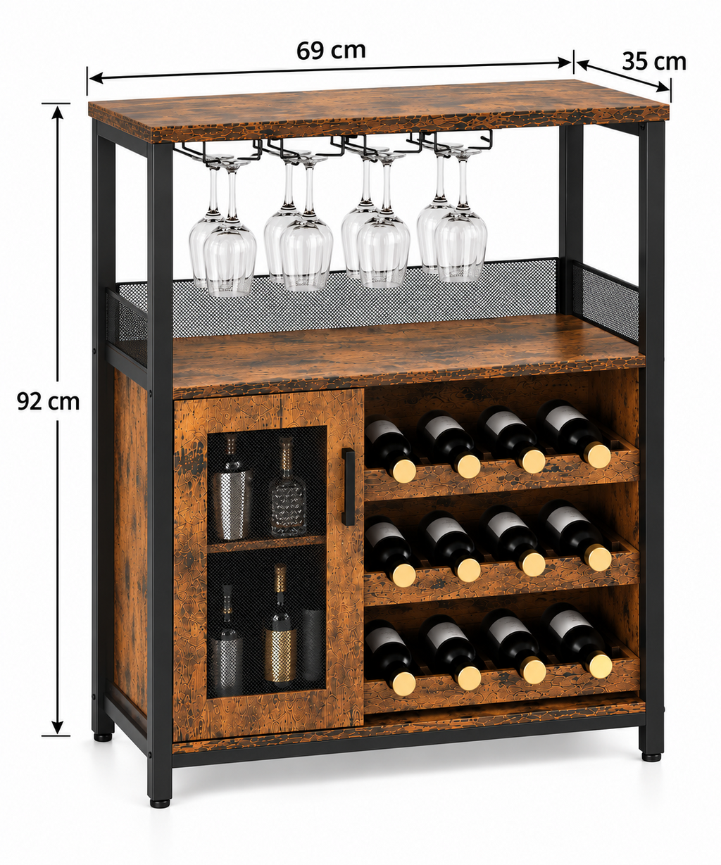 Meuble bar 3 niveaux avec porte-bouteilles amovible et porte grillagée, brun rustique