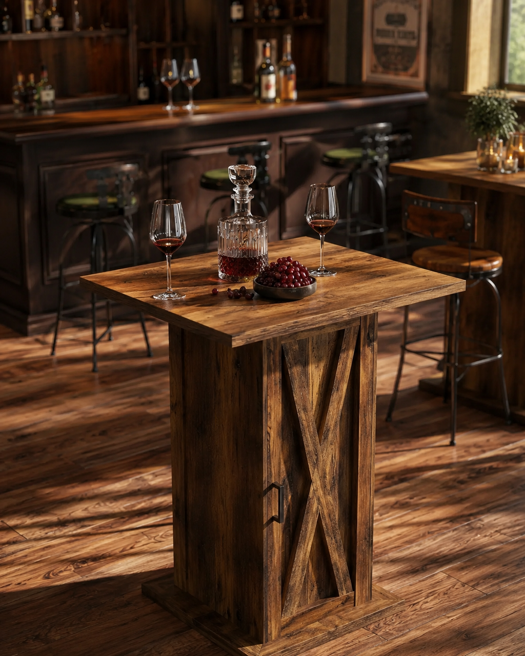 Table de bar carrée avec meuble de rangement 3 niveaux, bois, marron