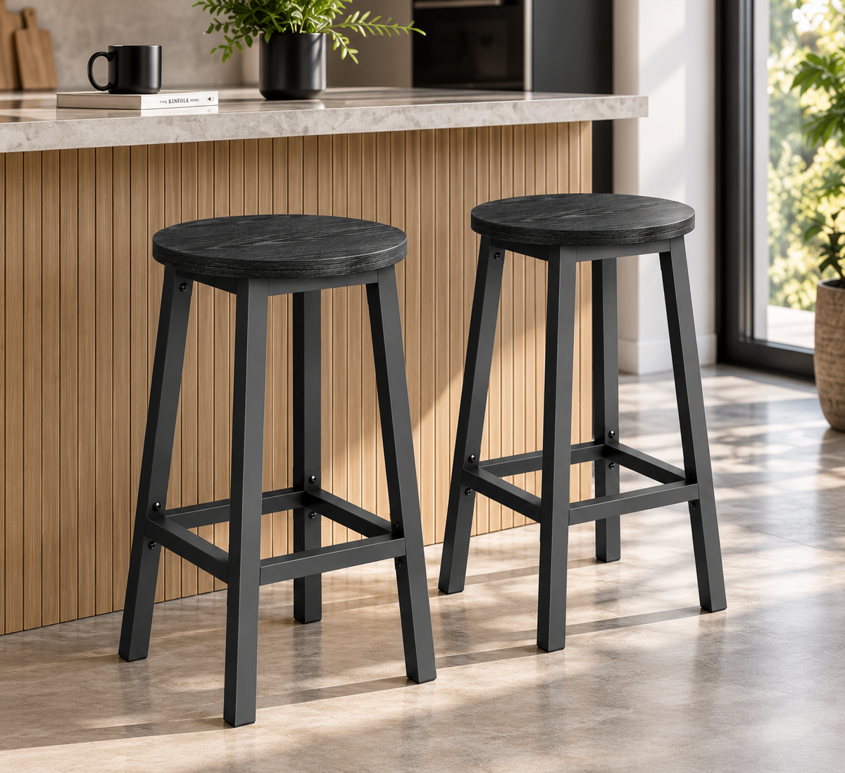 Lot de 2 tabourets de bar compacts assise ronde, structure acier, 65 cm