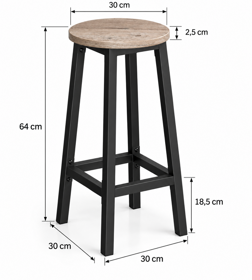 Lot de 2 tabourets de bar compacts assise ronde, structure acier, 65 cm