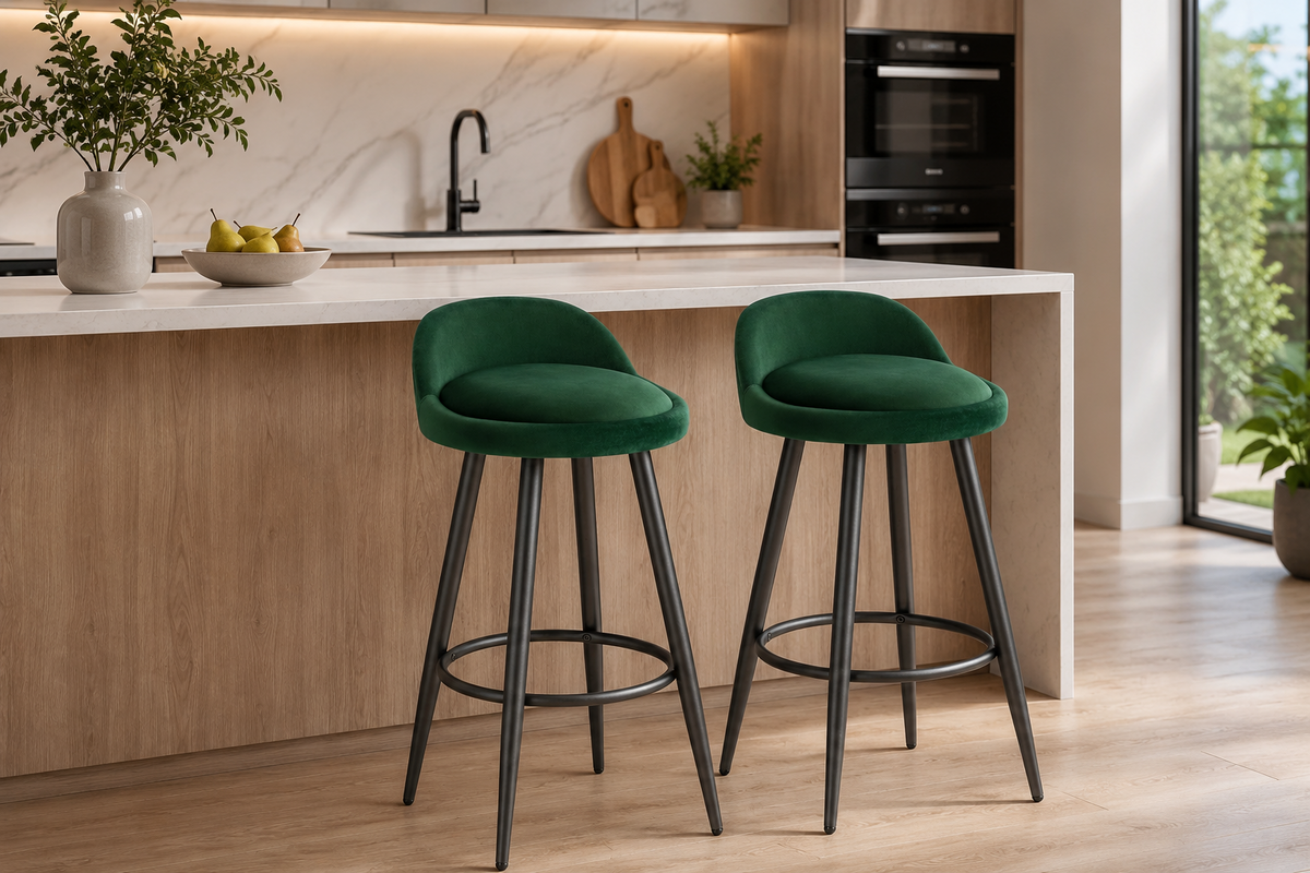 Lot de 2 tabourets de bar avec repose-pieds, assise rembourrée velours ou cuir