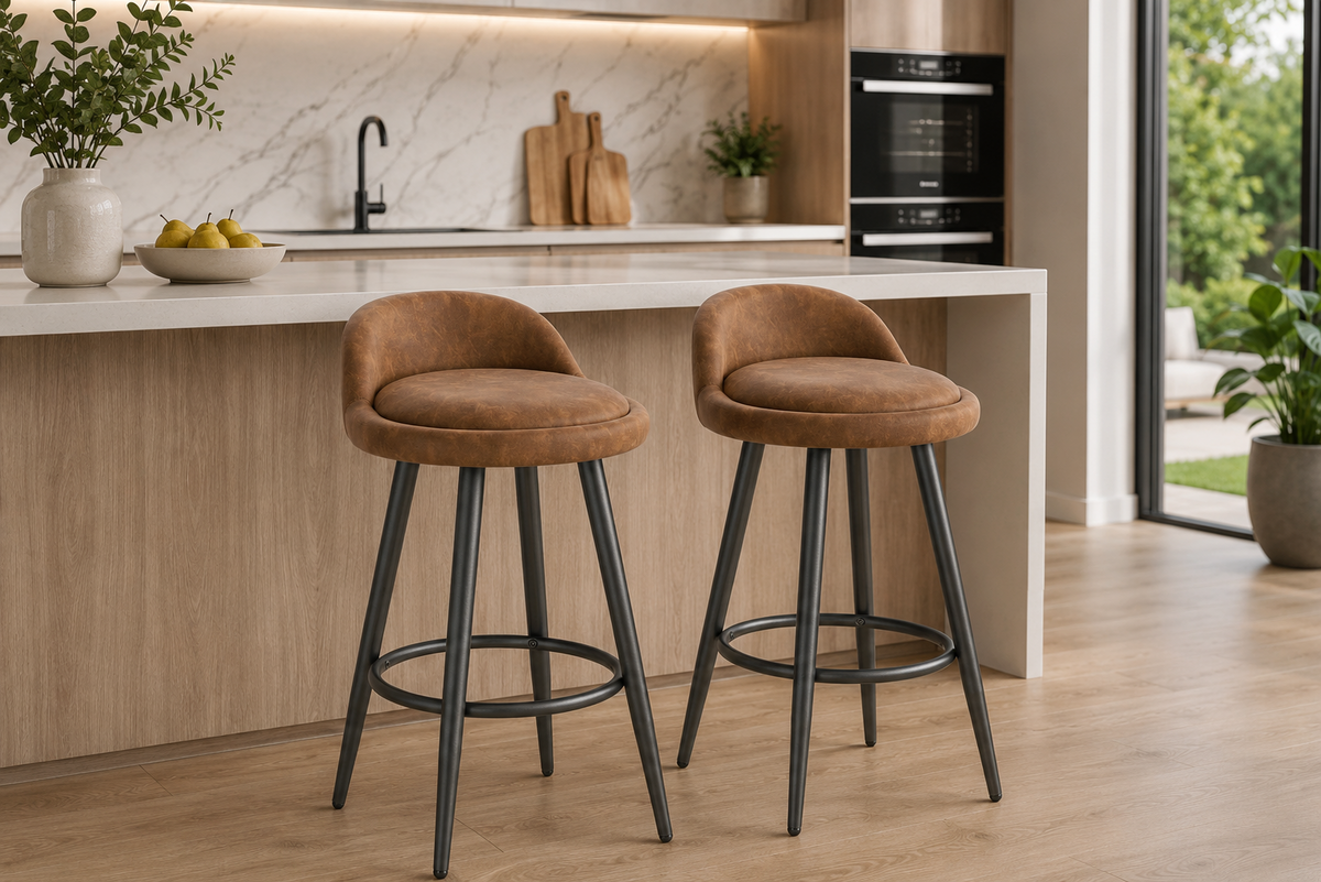 Lot de 2 tabourets de bar avec repose-pieds, assise rembourrée velours ou cuir
