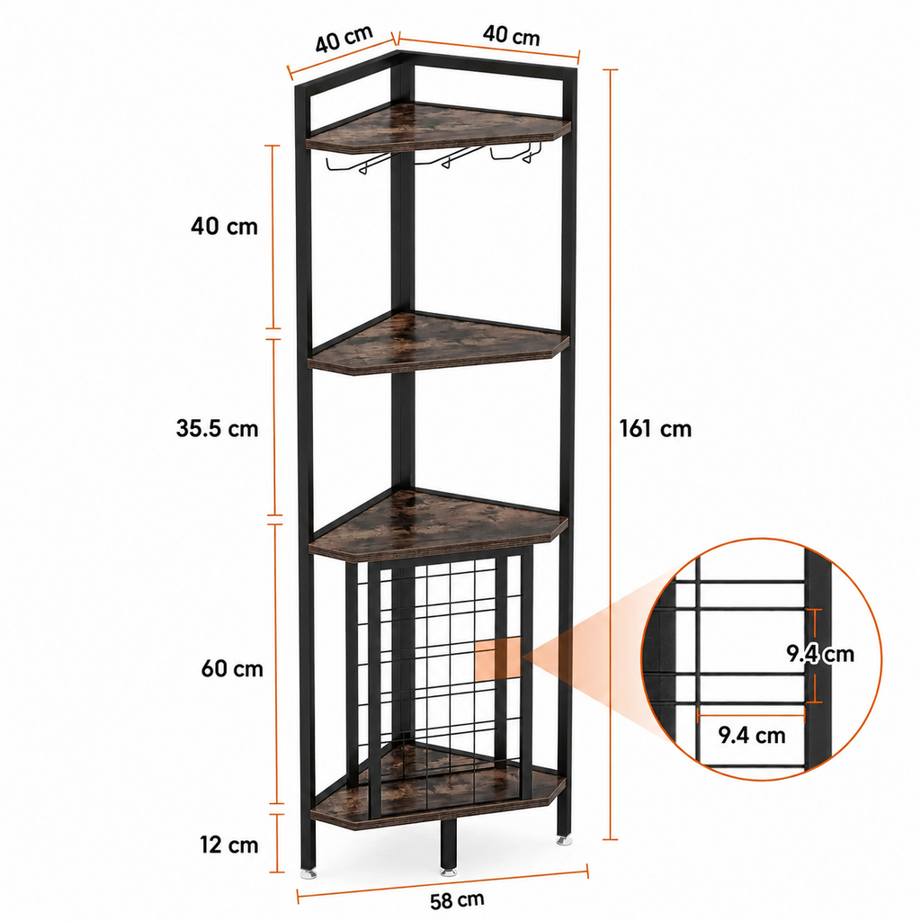 Meuble bar d'angle 4 niveaux avec porte-bouteilles et support à verres, noir