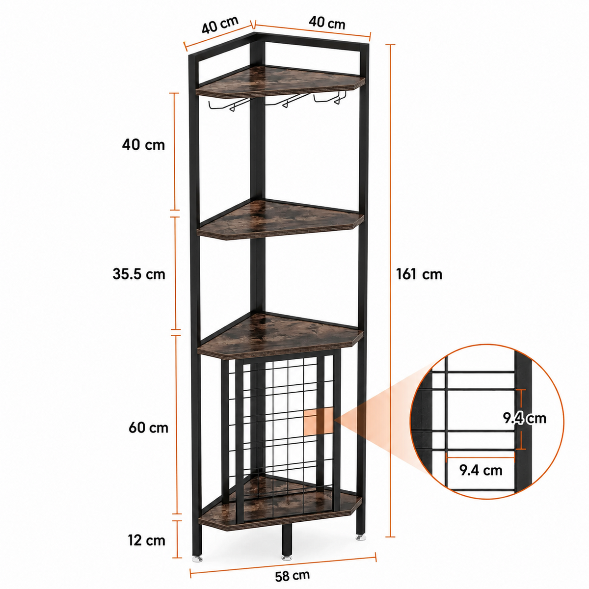 Meuble bar d'angle 4 niveaux avec porte-bouteilles et support à verres, noir