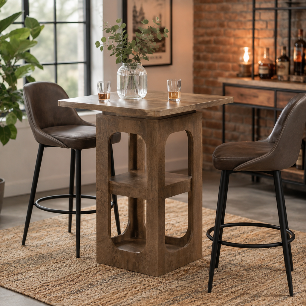 Table de bar carrée avec étagères de rangement 3 niveaux, bois