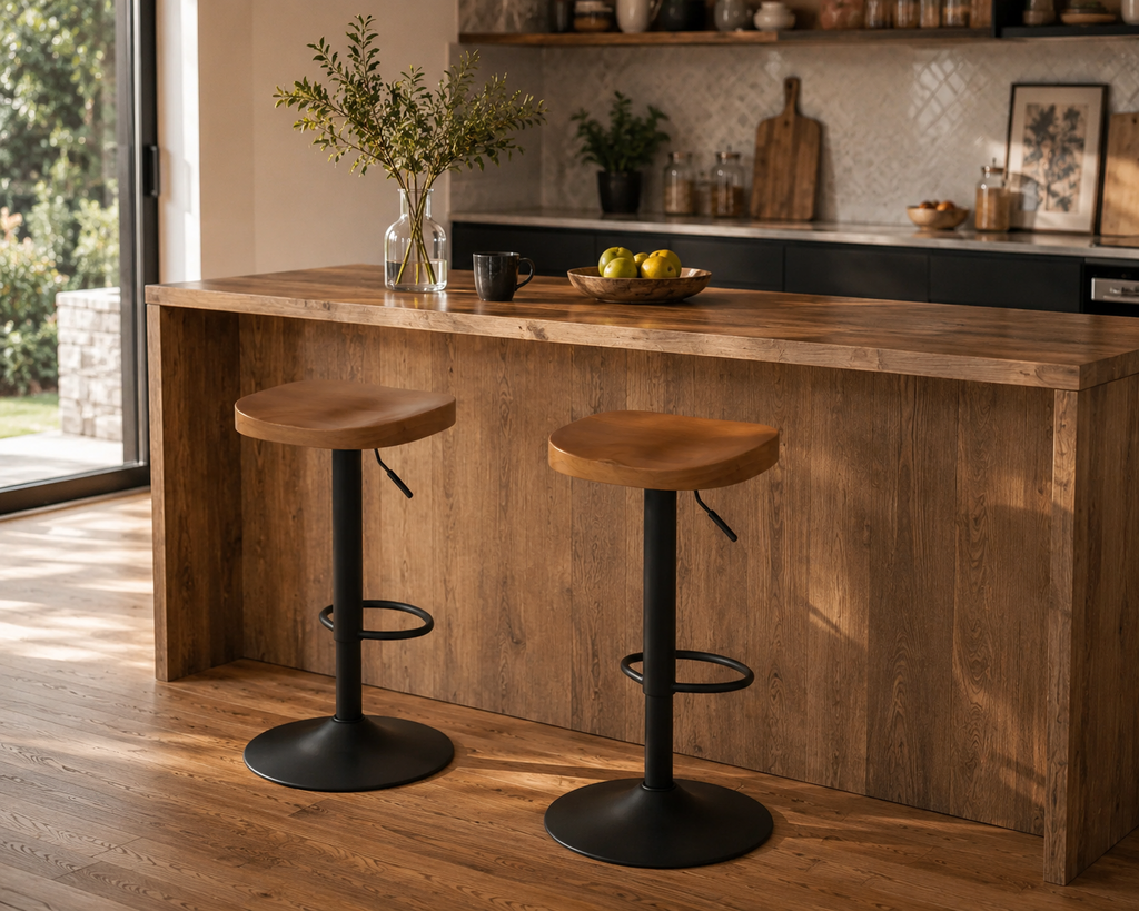 Lot de 2 tabourets de bar pivotants, assise selle en bois, réglables