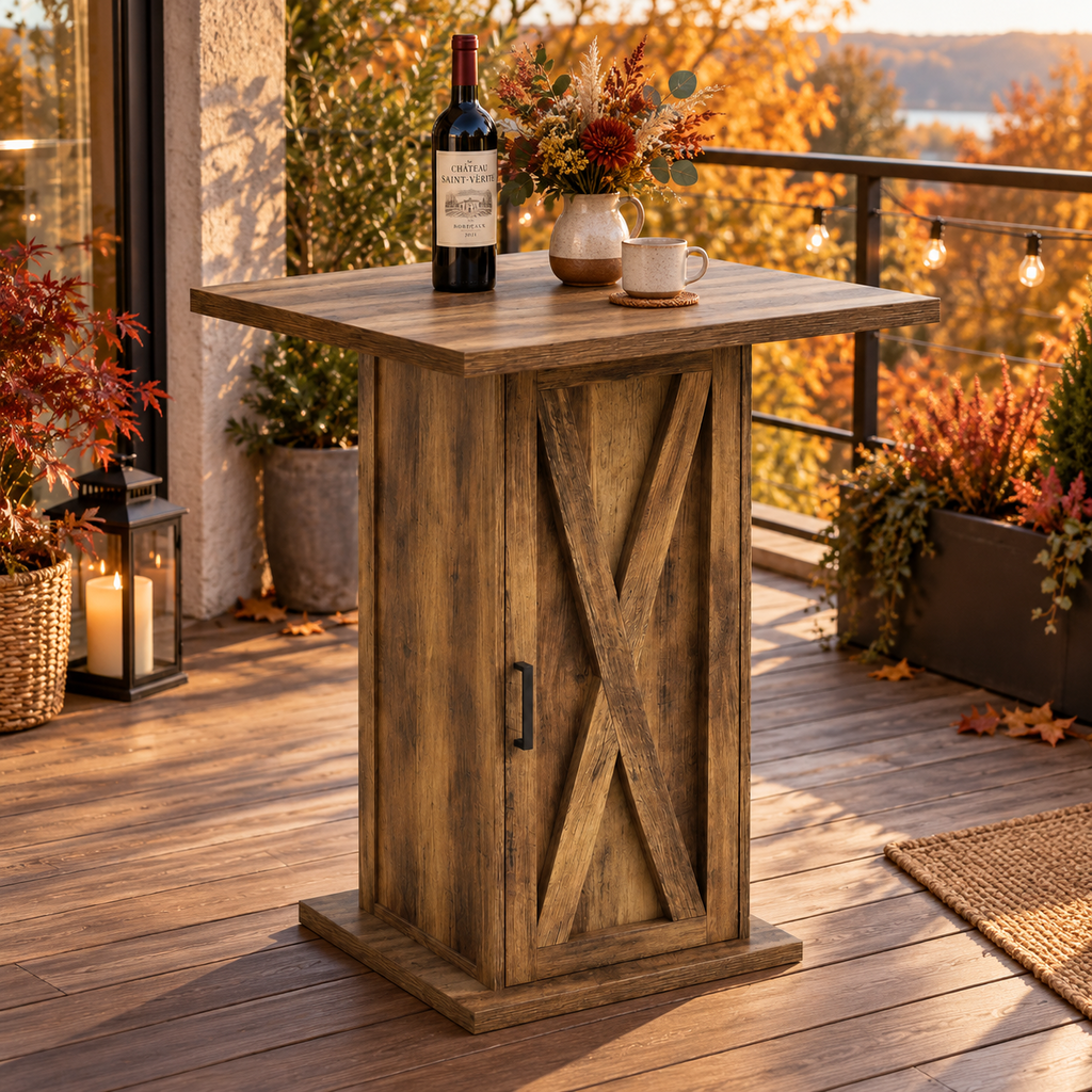 Table de bar carrée avec meuble de rangement 3 niveaux, bois, marron