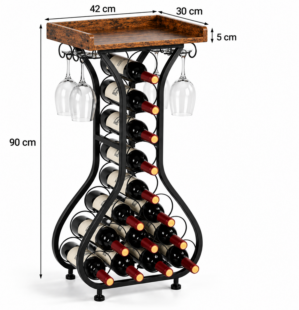 Porte-bouteilles sur pied 14 bouteilles avec support à verres et plateau bois, noir