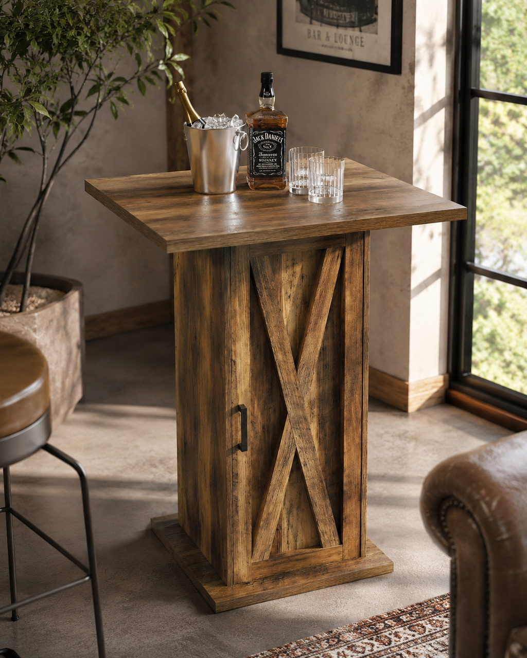 Table de bar carrée avec meuble de rangement 3 niveaux, bois, marron