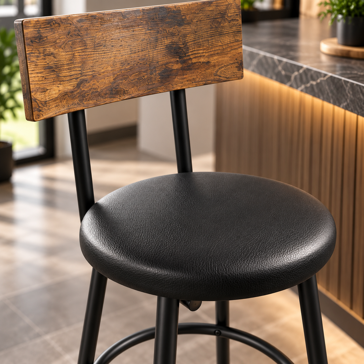 Lot de 2 tabourets de bar avec dossier et repose-pieds, noir