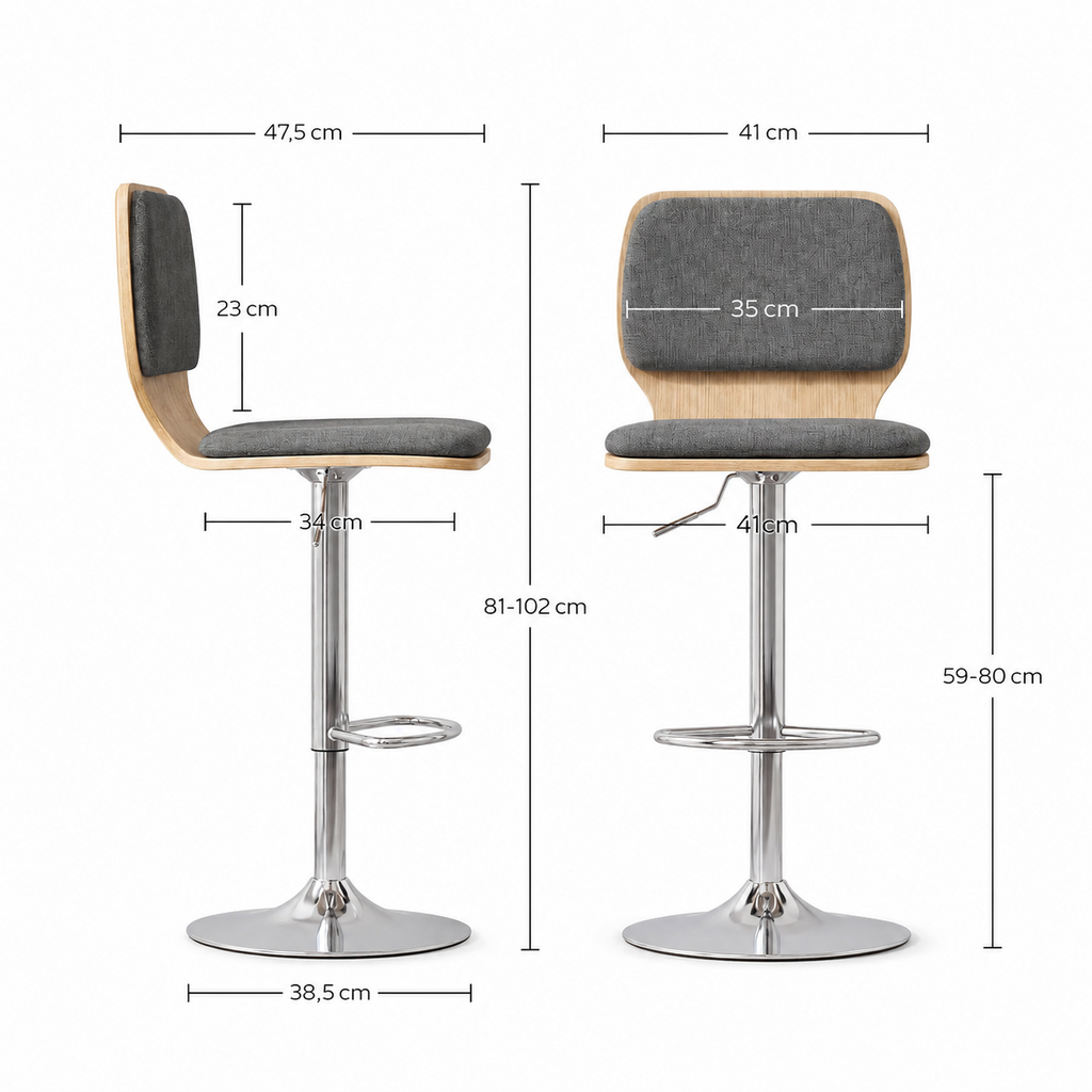 Lot de 2 tabourets de bar pivotants, tissu aspect lin, gris