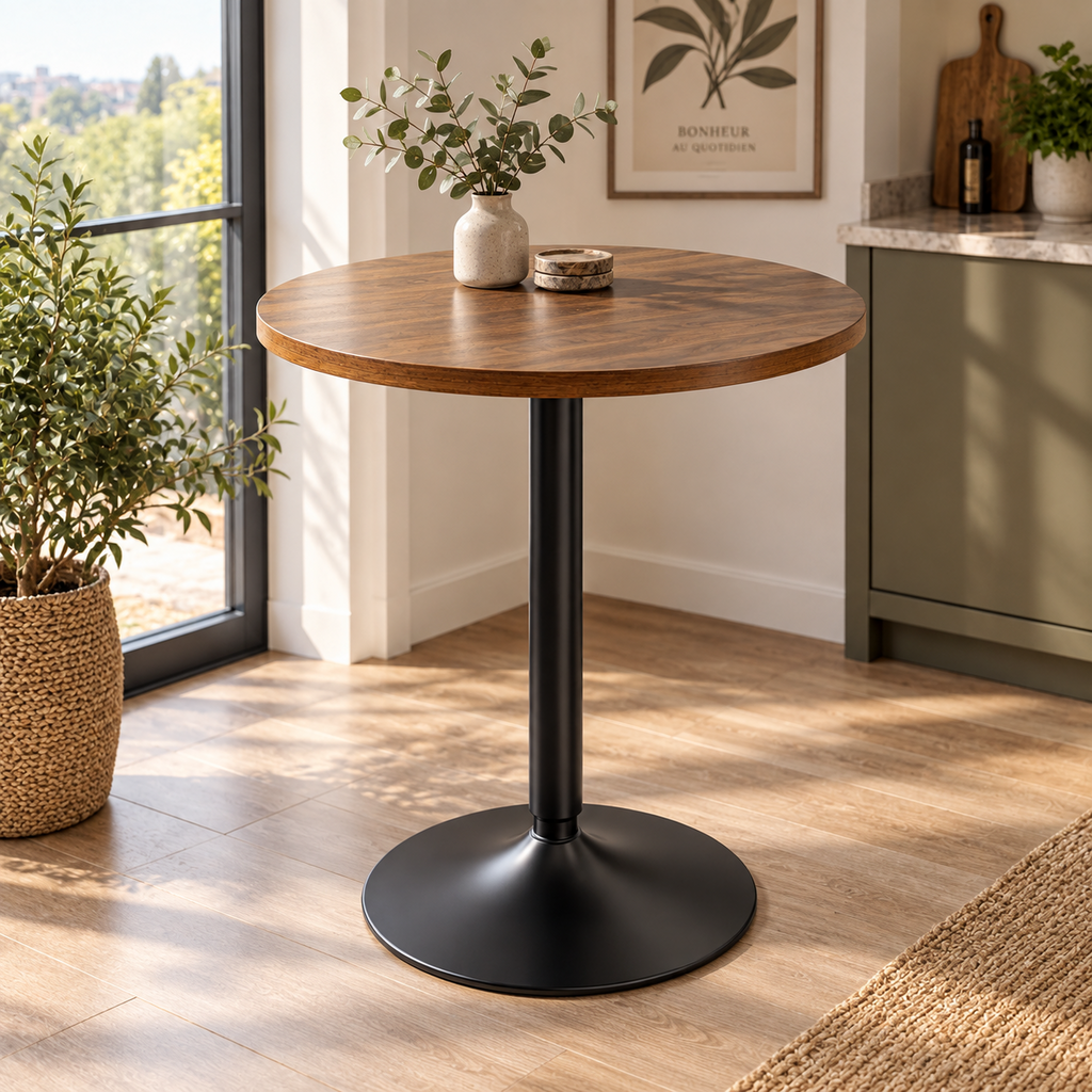 Table de bar ronde 60 cm, plateau bois et pied métal, noyer
