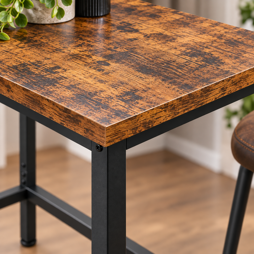 Table de bar carrée 60x60 cm, hauteur 100 cm, plateau bois et métal