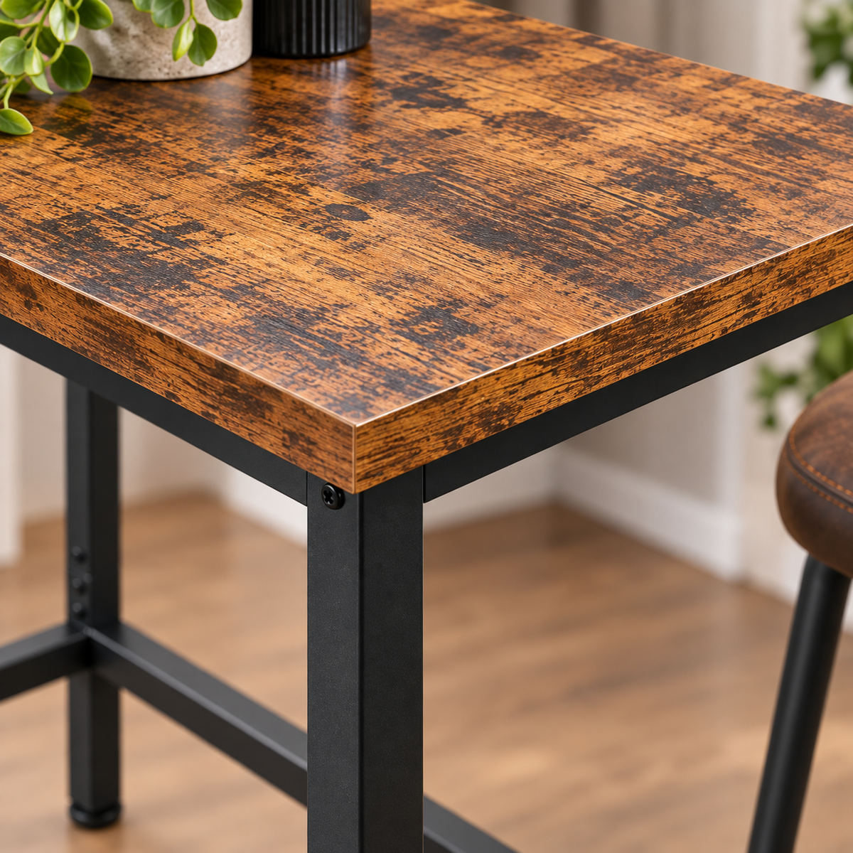 Table de bar carrée 60x60 cm, hauteur 100 cm, plateau bois et métal