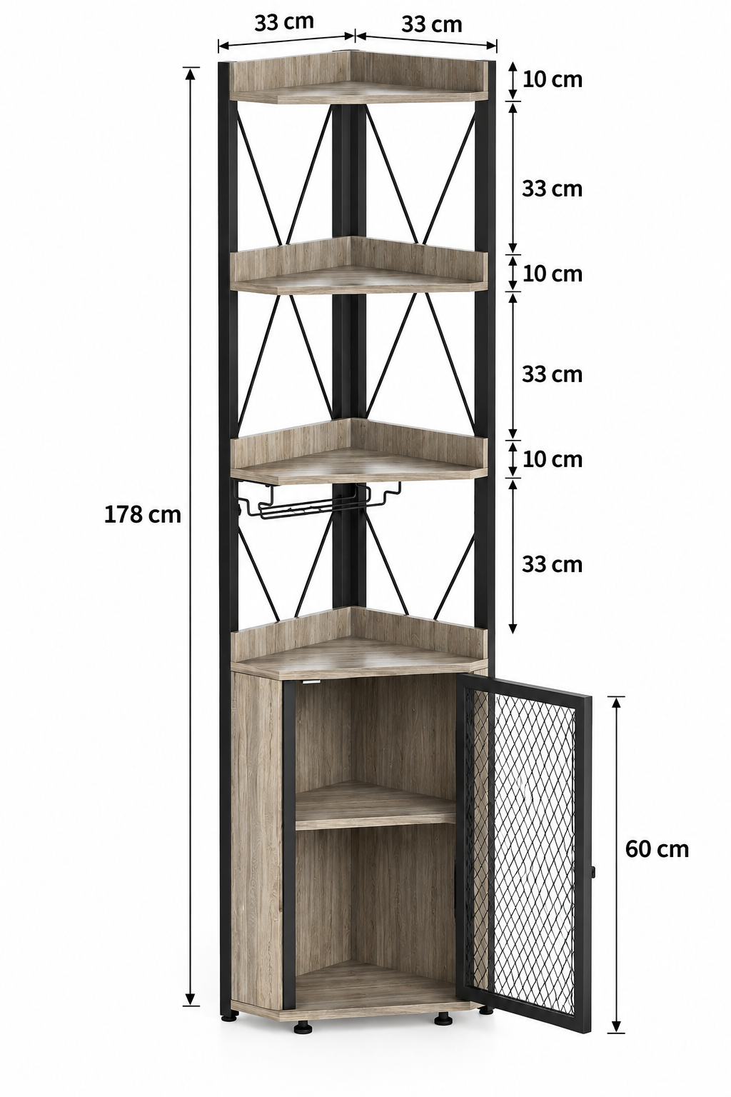 Meuble bar d'angle 178 cm avec porte-bouteilles, support à verres et porte grillagée