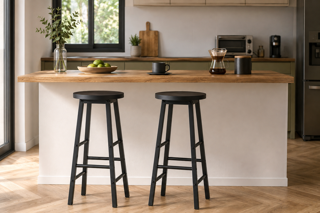 Lot de 2 tabourets de bar hauts, structure acier, assise MDF, style industriel