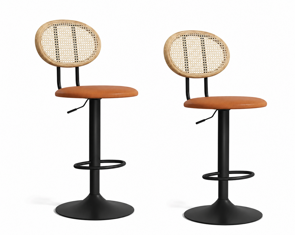 Lot de 2 tabourets de bar dossier rotin, hauteur réglable et repose-pieds.