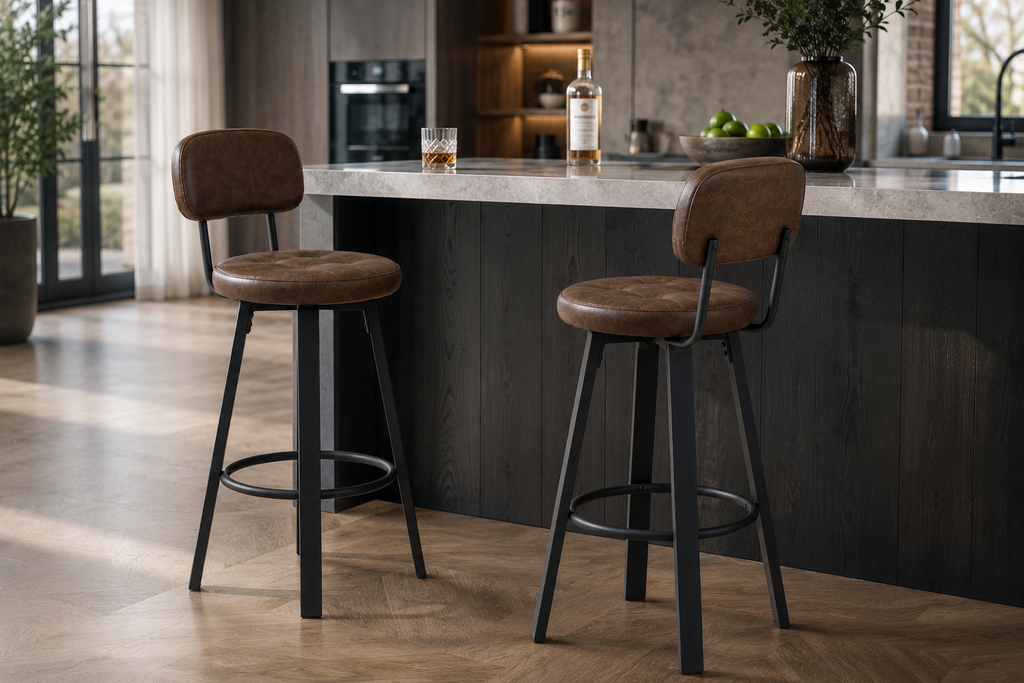 Lot de 2 tabourets de bar pivotants, assise rembourrée, repose-pieds métal