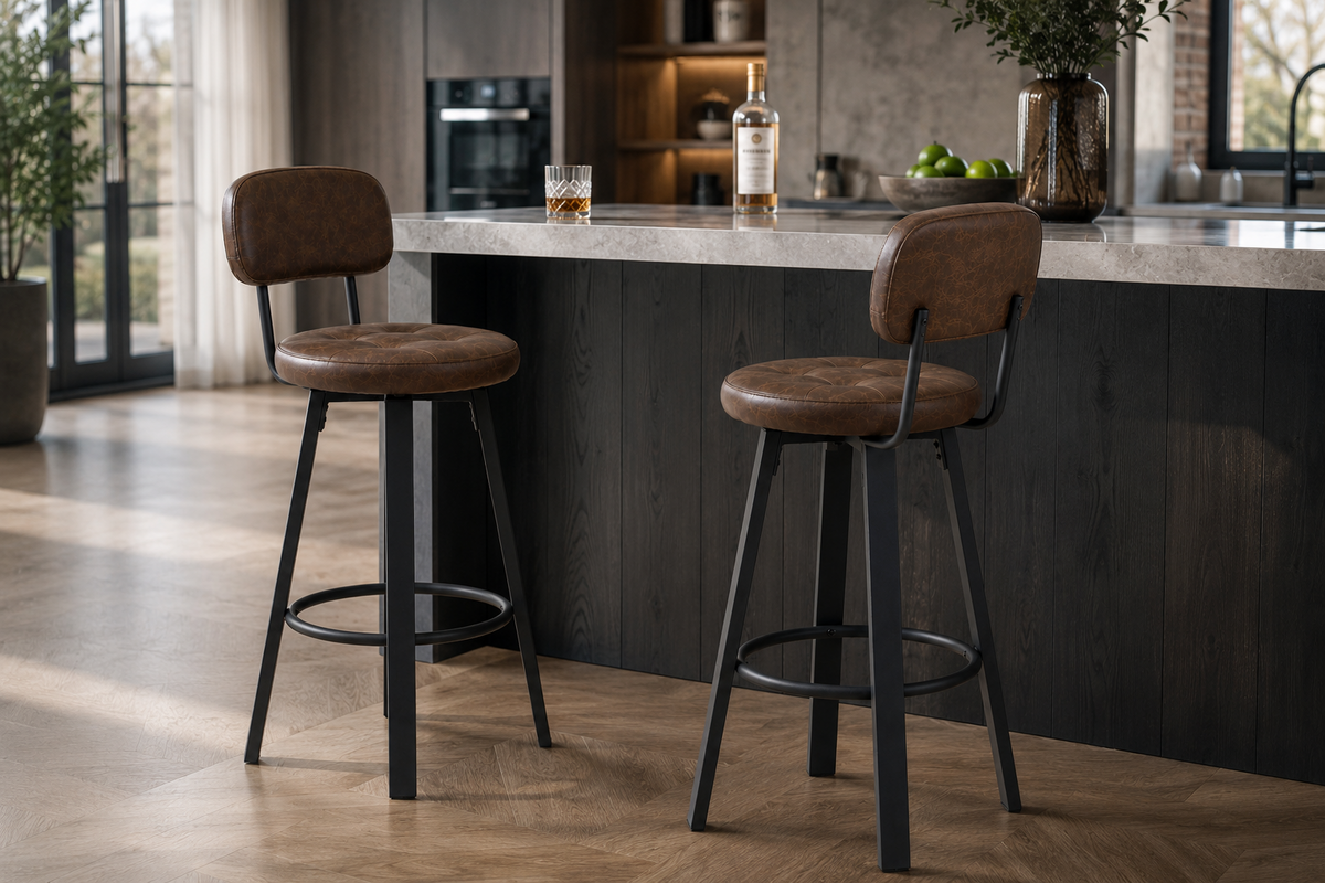 Lot de 2 tabourets de bar pivotants, assise rembourrée, repose-pieds métal