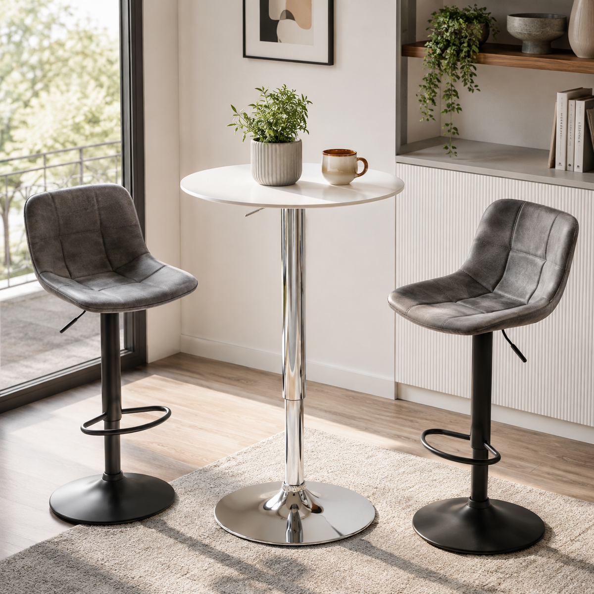 Table de bar ronde pivotante, hauteur réglable 67-93 cm, blanc