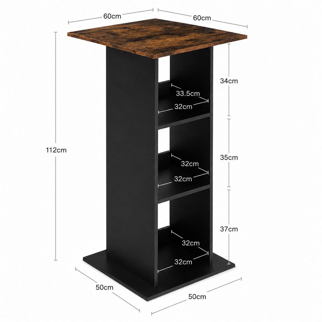 Table de bar carrée 60x60 cm avec 3 étagères de rangement, bois, brun rustique
