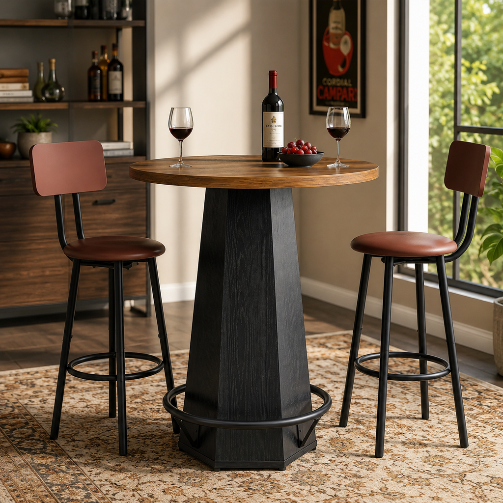 Table de bar ronde 100 cm, plateau bois avec repose-pieds métal, style rétro