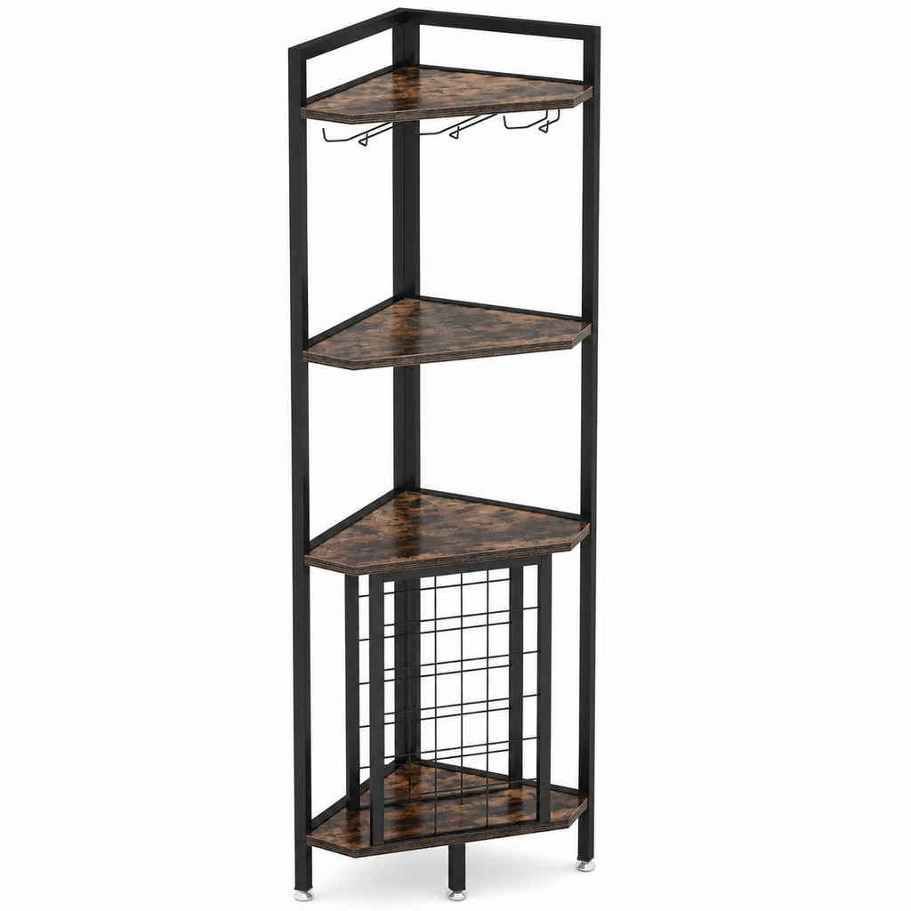 Meuble bar d'angle 4 niveaux avec porte-bouteilles et support à verres, noir