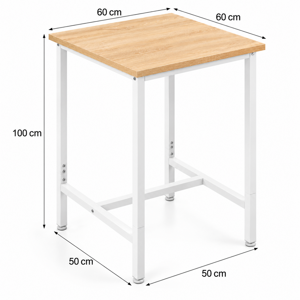 Table de bar carrée 60x60 cm, hauteur 100 cm, plateau bois et métal