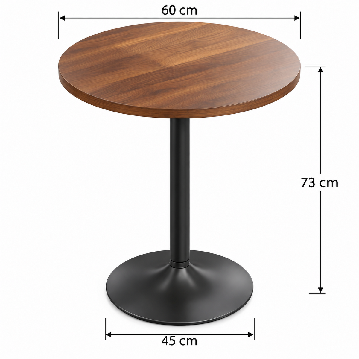 Table de bar ronde 60 cm, plateau bois et pied métal, noyer