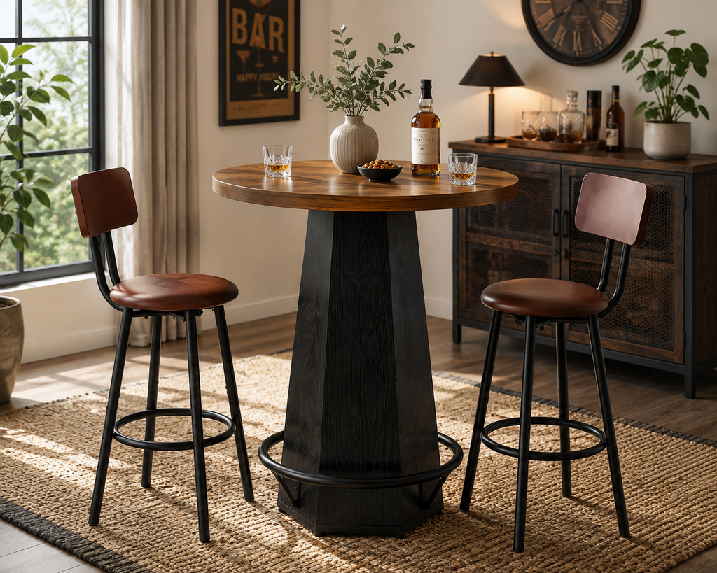 Table de bar ronde 100 cm, plateau bois avec repose-pieds métal, style rétro