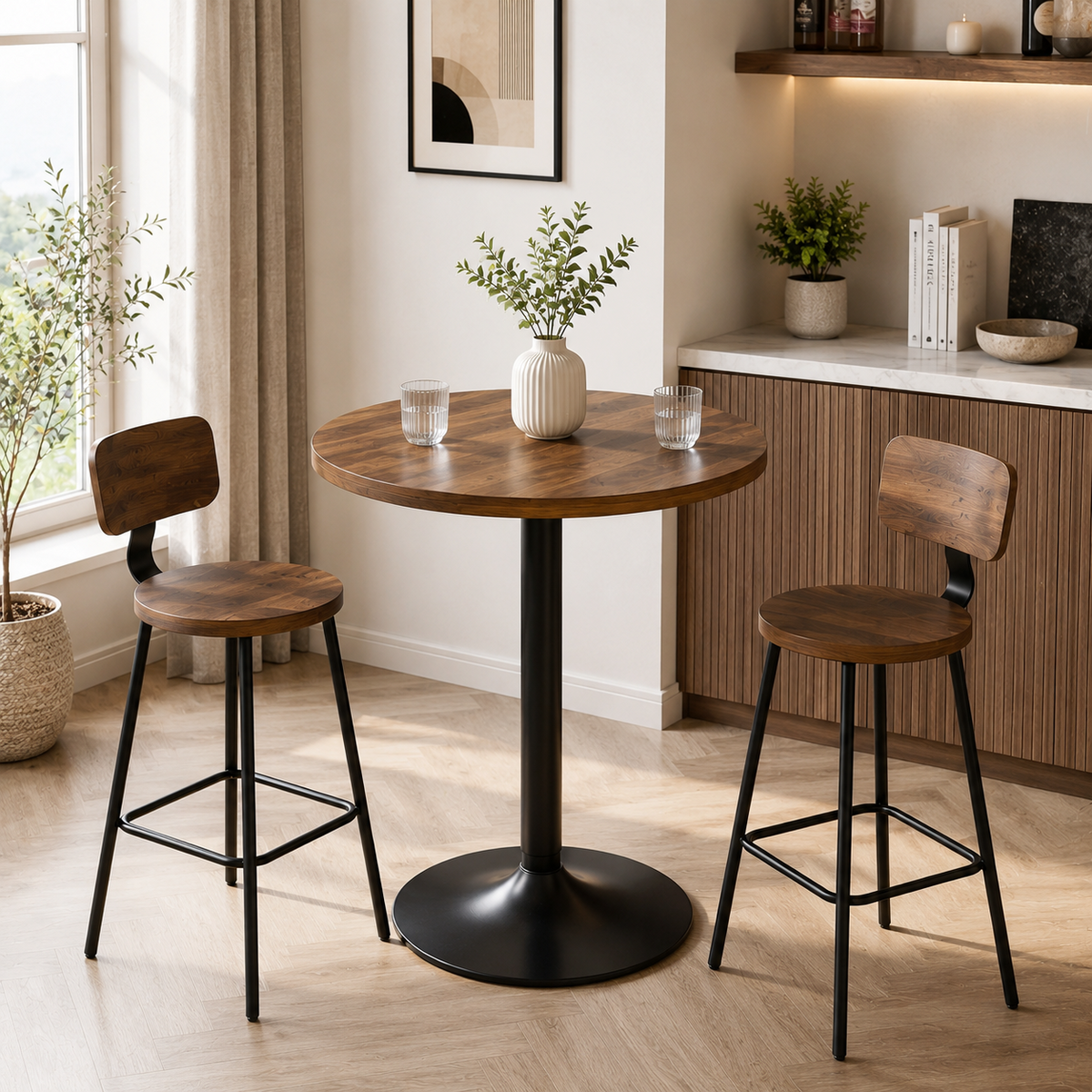 Table de bar ronde 60 cm, plateau bois et pied métal, noyer