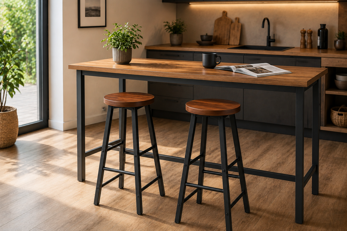 Lot de 2 tabourets de bar hauts, structure acier, assise MDF, style industriel