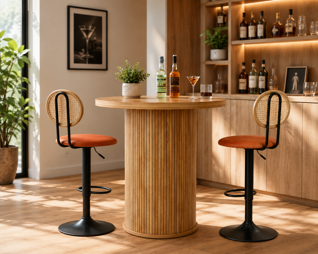 Lot de 2 tabourets de bar dossier rotin, hauteur réglable et repose-pieds.