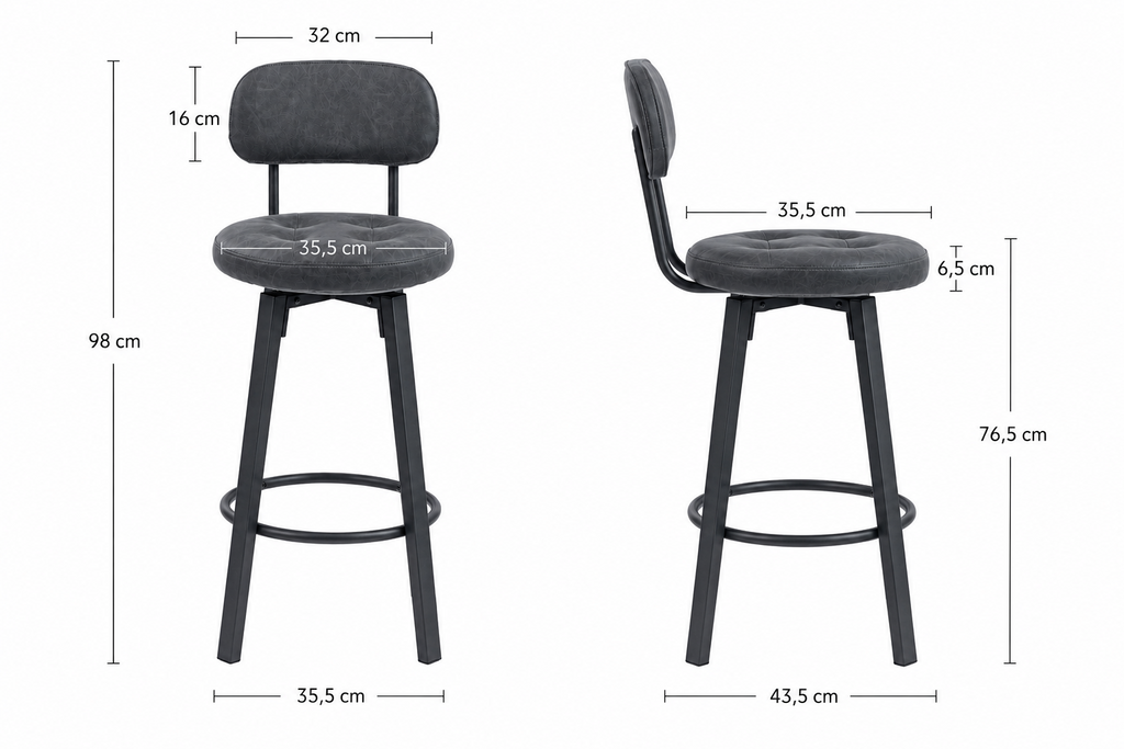 Lot de 2 tabourets de bar pivotants, assise rembourrée, repose-pieds métal