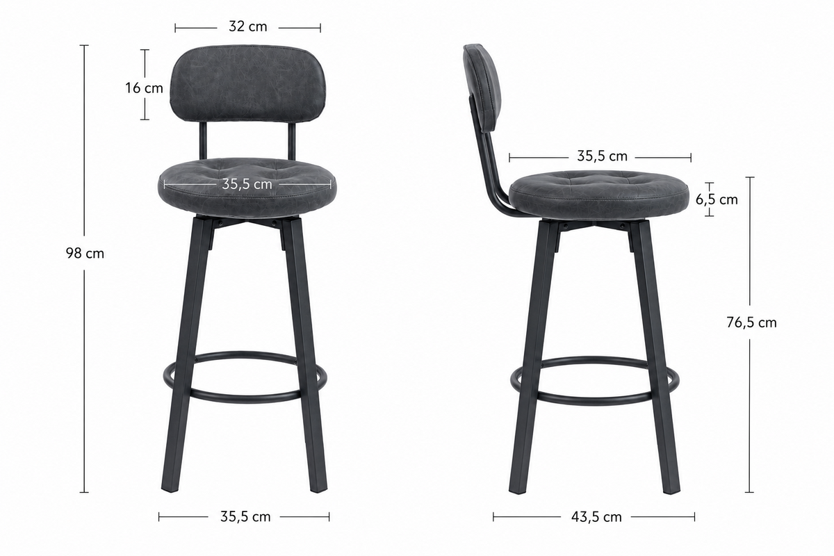Lot de 2 tabourets de bar pivotants, assise rembourrée, repose-pieds métal