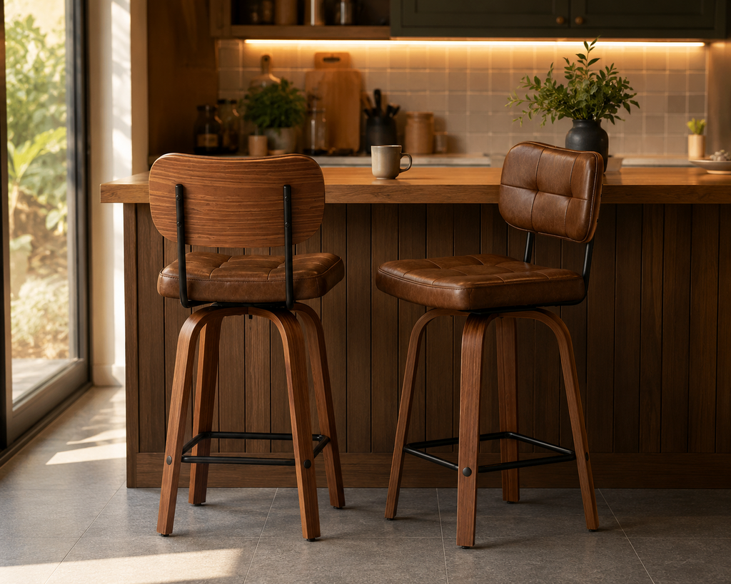 Lot de 2 tabourets de bar pivotants, pieds bois incurvés, simili cuir