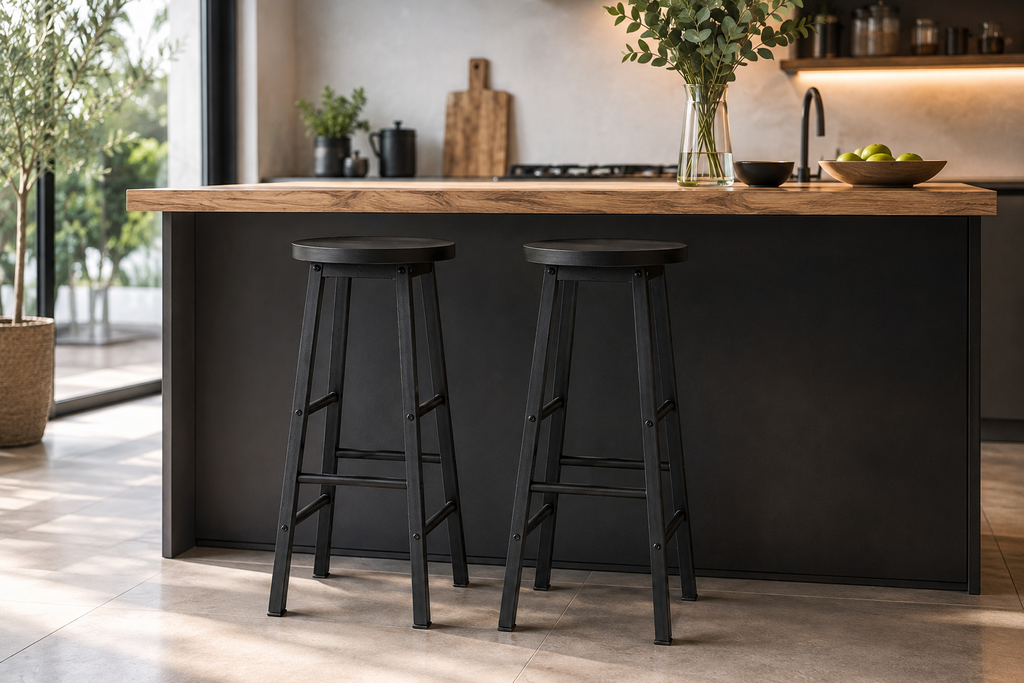 Lot de 2 tabourets de bar hauts, structure acier, assise MDF, style industriel
