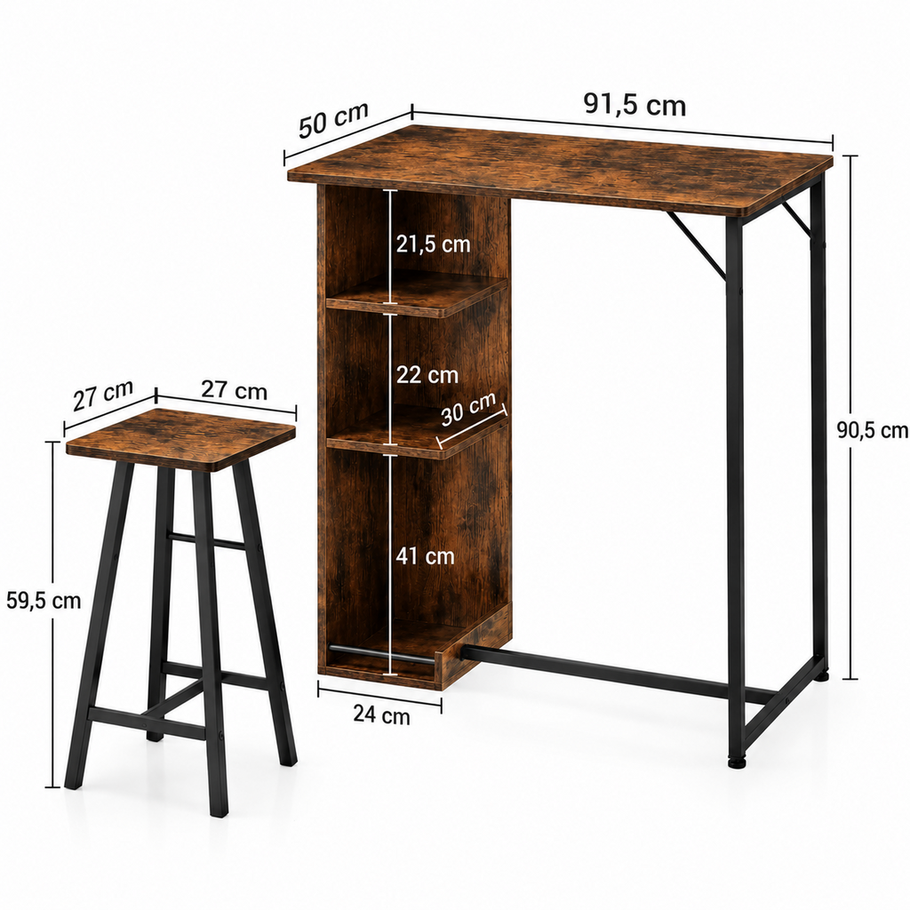 Petit ensemble table de bar et 2 chaises avec étagères de rangement 3 niveaux
