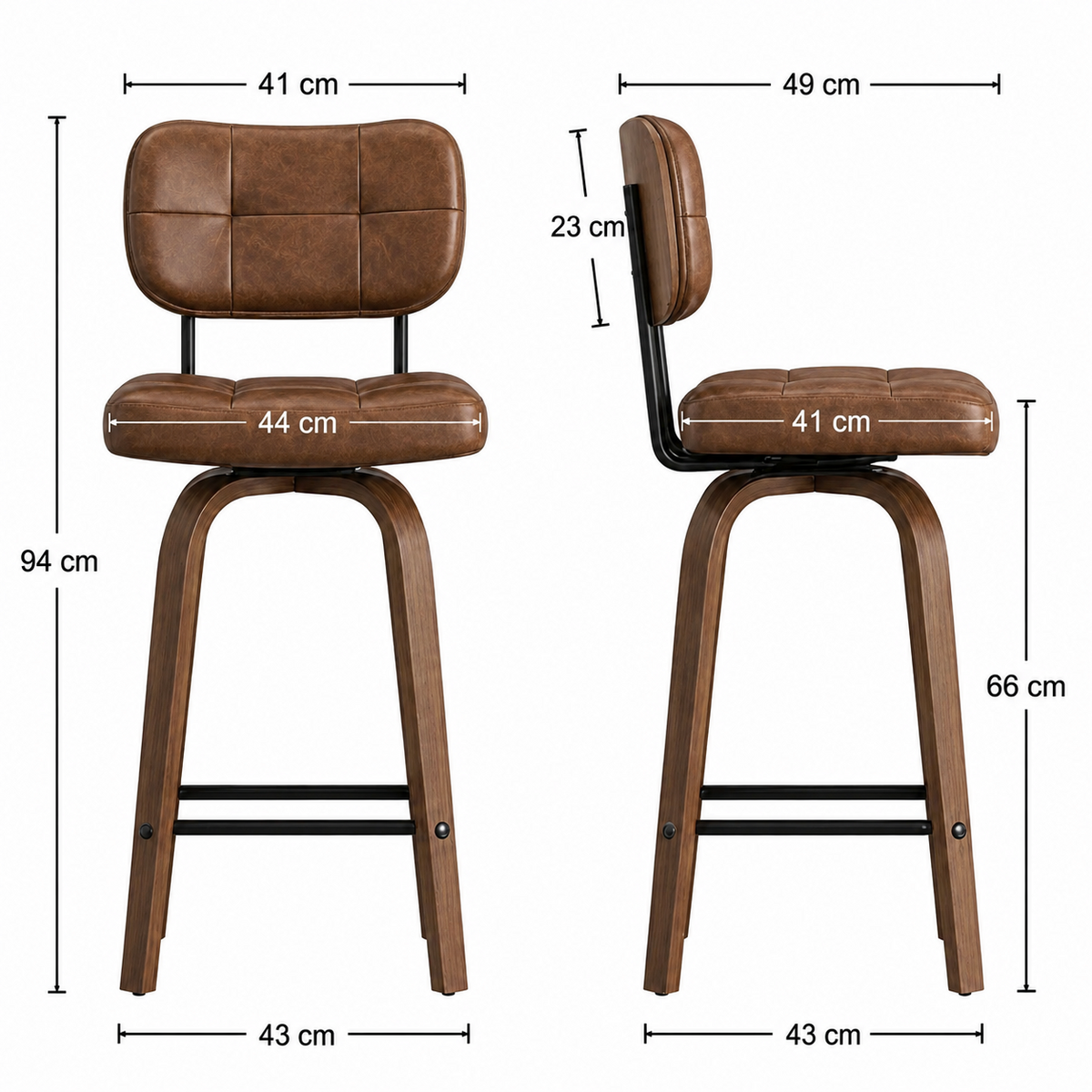Lot de 2 tabourets de bar pivotants, pieds bois incurvés, simili cuir