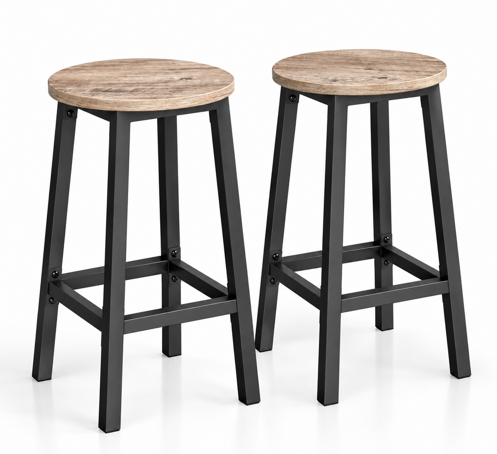 Lot de 2 tabourets de bar compacts assise ronde, structure acier, 65 cm