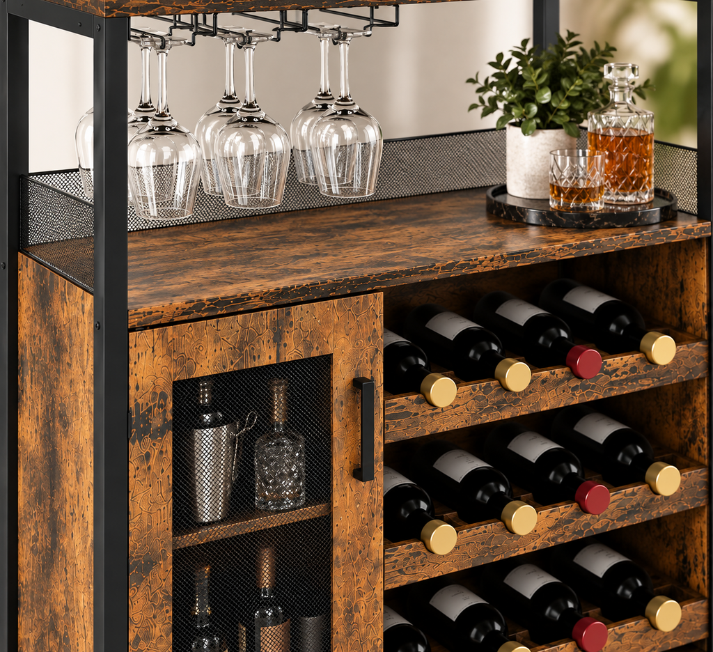 Meuble bar 3 niveaux avec porte-bouteilles amovible et porte grillagée, brun rustique